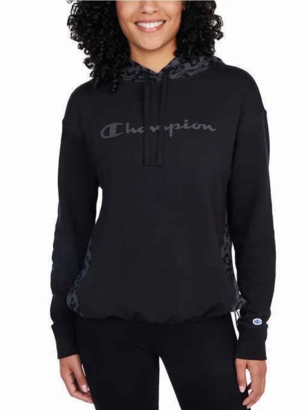 Champion Black Hoodie with Gray Leopard Accents